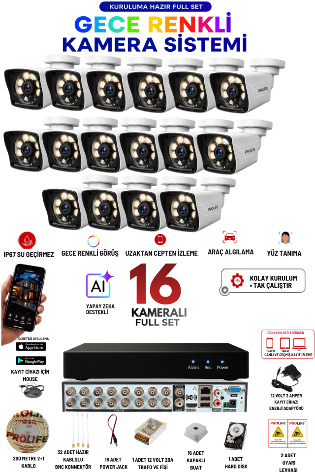 16 Kameralı 5 MP Gece Renkli Yapay Zeka Yüz ve Araç Algılamalı Olay Anı Bildirimli Kuruluma Hazır Kamera Seti