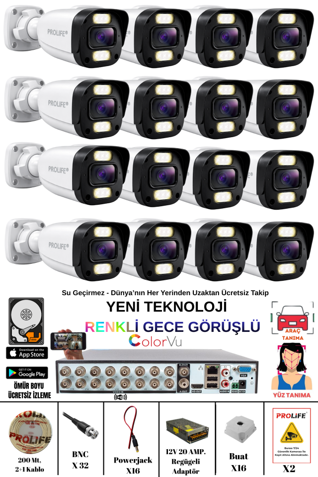 16 Kameralı 5 MP Gece Renkli Yapay Zeka Yüz ve Araç Algılamalı Olay Anı Bildirimli Kuruluma Hazır Kamera Seti