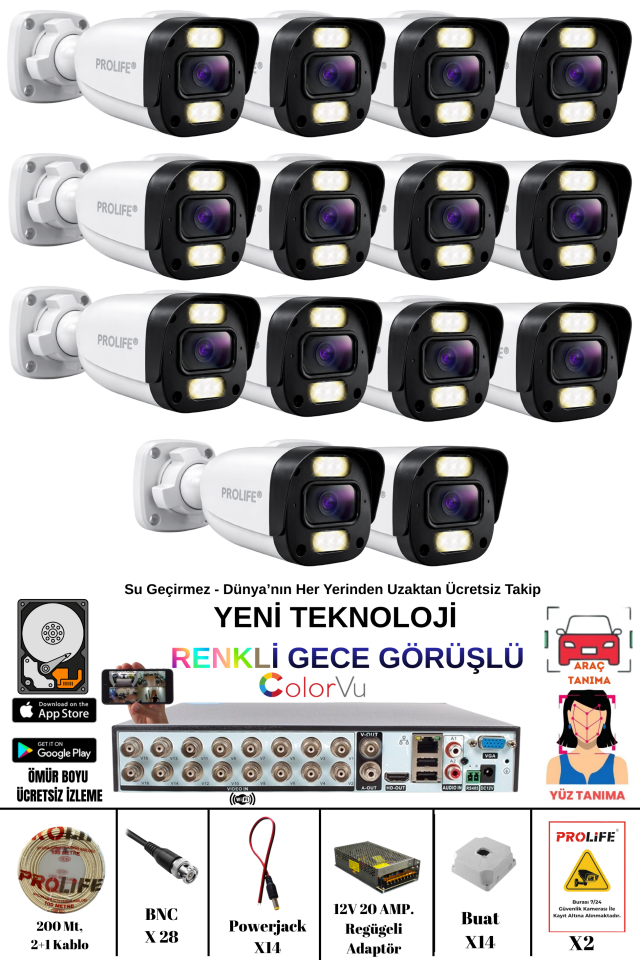 14 Kameralı 5 MP Gece Renkli Yapay Zeka Yüz ve Araç Algılamalı Olay Anı Bildirimli Kuruluma Hazır Kamera Seti