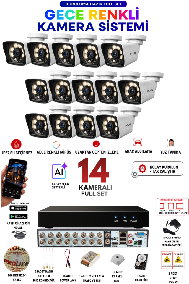 14 Kameralı 5 MP Full HD Gece Renkli Yüz ve Araç Algılamalı Kuruluma Hazır Full Güvenlik Kamerası Seti