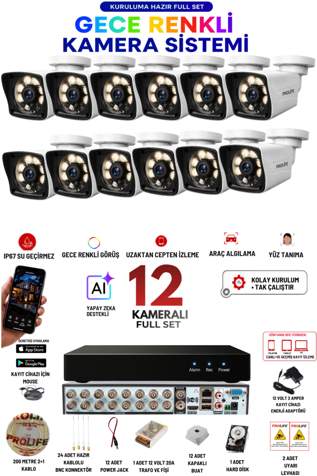 12 Kameralı 5 MP Full HD Gece Renkli Yüz ve Araç Algılamalı Kuruluma Hazır Full Güvenlik Kamerası Seti