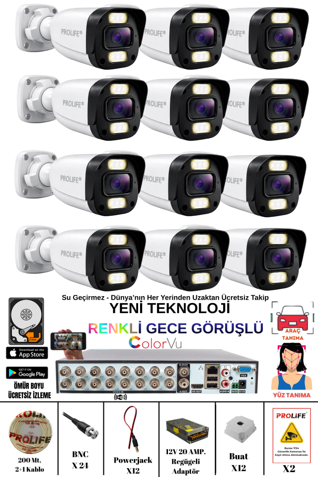 12 Kameralı 5 MP Gece Renkli Yapay Zeka Yüz ve Araç Algılamalı Olay Anı Bildirimli Kuruluma Hazır Kamera Seti