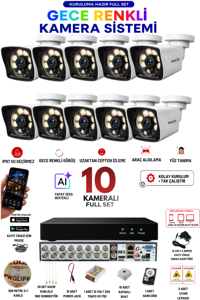 10 Kameralı 5 MP FULL HD Gece Renkli Yüz ve Araç Algılamalı Kuruluma Hazır Full Güvenlik Kamerası Seti