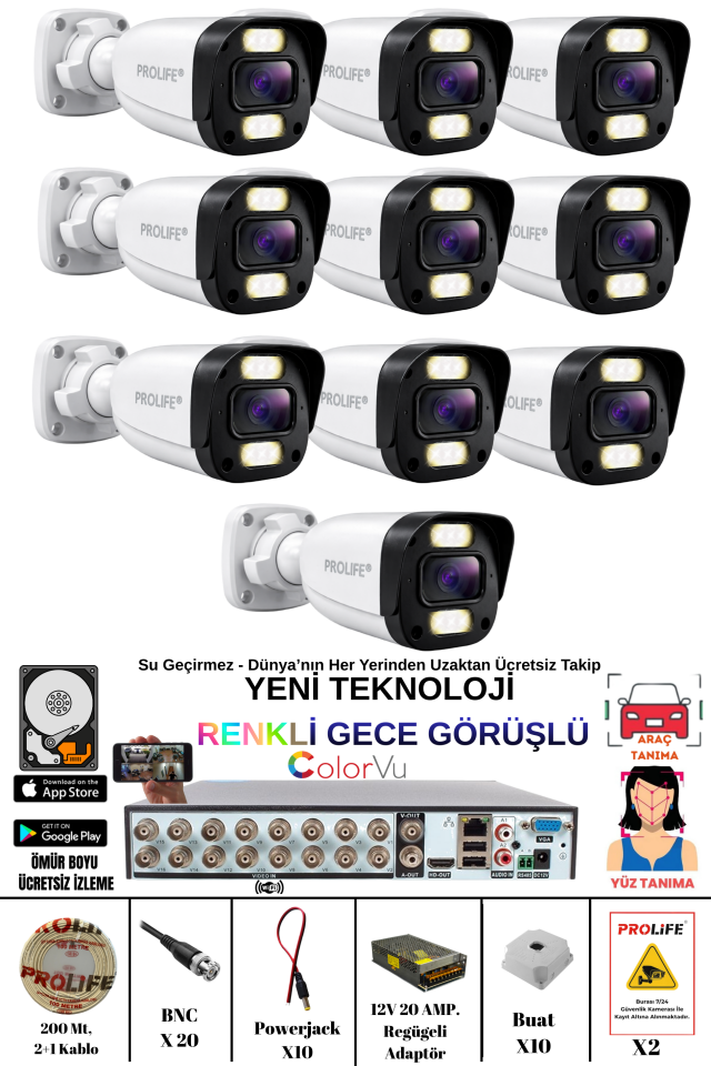 10 Kameralı 5 MP Gece Renkli Yapay Zeka Yüz ve Araç Algılamalı Olay Anı Bildirimli Kuruluma Hazır Kamera Seti