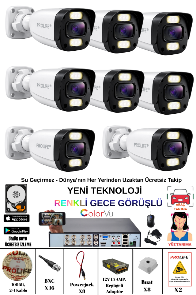 8 Kameralı 5 MP Gece Renkli Yapay Zeka Yüz ve Araç Algılamalı Olay Anı Bildirimli Kuruluma Hazır Kamera Seti