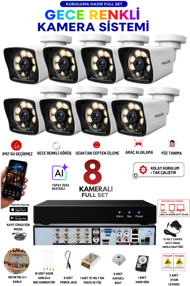 8 Kameralı 5 MP Full HD Gece Renkli Yüz ve Araç Algılamalı Kuruluma Hazır Full Güvenlik Kamerası Seti