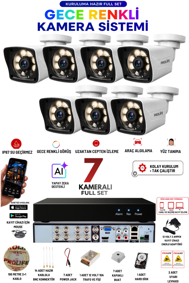 7 Kameralı 5 MP Gece Renkli Yapay Zeka Yüz ve Araç Algılamalı Olay Anı Bildirimli Kuruluma Hazır Kamera Seti