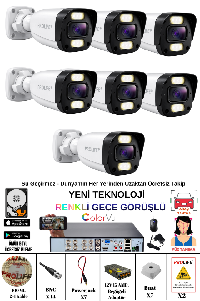 7 Kameralı 5 MP Gece Renkli Yapay Zeka Yüz ve Araç Algılamalı Olay Anı Bildirimli Kuruluma Hazır Kamera Seti