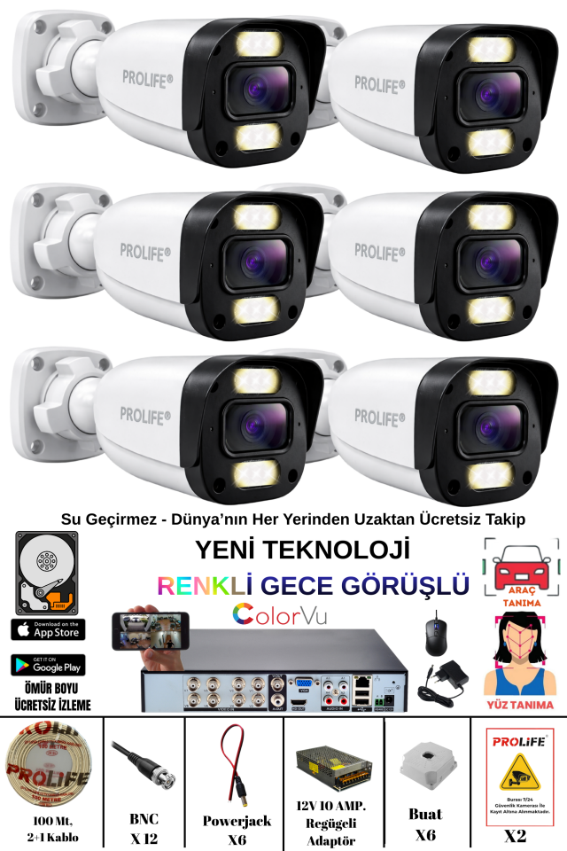 6 Kameralı 5 MP Gece Renkli Yapay Zeka Yüz ve Araç Algılamalı Olay Anı Bildirimli Kuruluma Hazır Kamera Seti