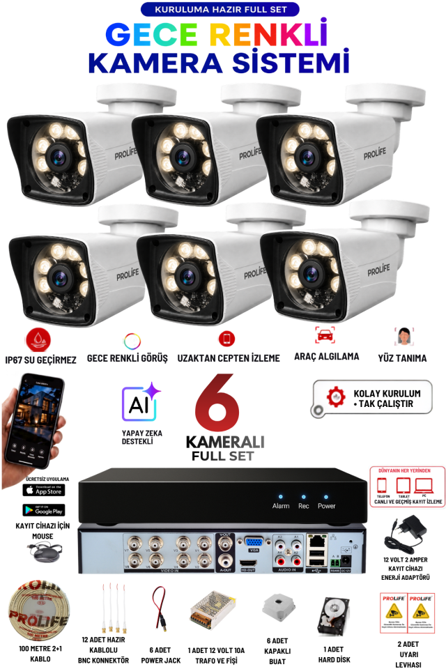 6 Kameralı 5 MP Full HD Gece Renkli Yüz ve Araç Algılamalı Kuruluma Hazır Full Güvenlik Kamerası Seti
