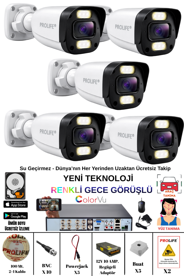 5 Kameralı 5 MP Gece Renkli Yapay Zeka Yüz ve Araç Algılamalı Olay Anı Bildirimli Kuruluma Hazır Kamera Seti