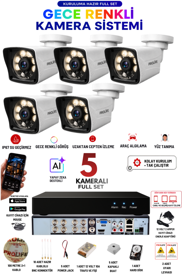 5 Kameralı 5 MP Gece Renkli Yapay Zeka Yüz ve Araç Algılamalı Olay Anı Bildirimli Kuruluma Hazır Kamera Seti