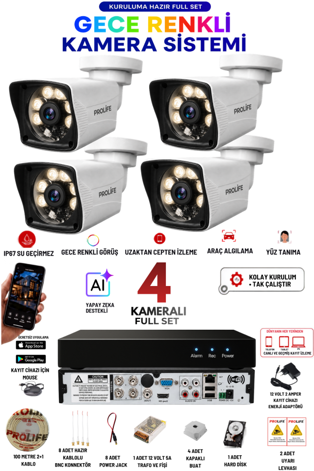 4 Kameralı 5 MP Full HD Gece Renkli Yüz ve Araç Algılamalı Kuruluma Hazır Full Güvenlik Kamerası Seti