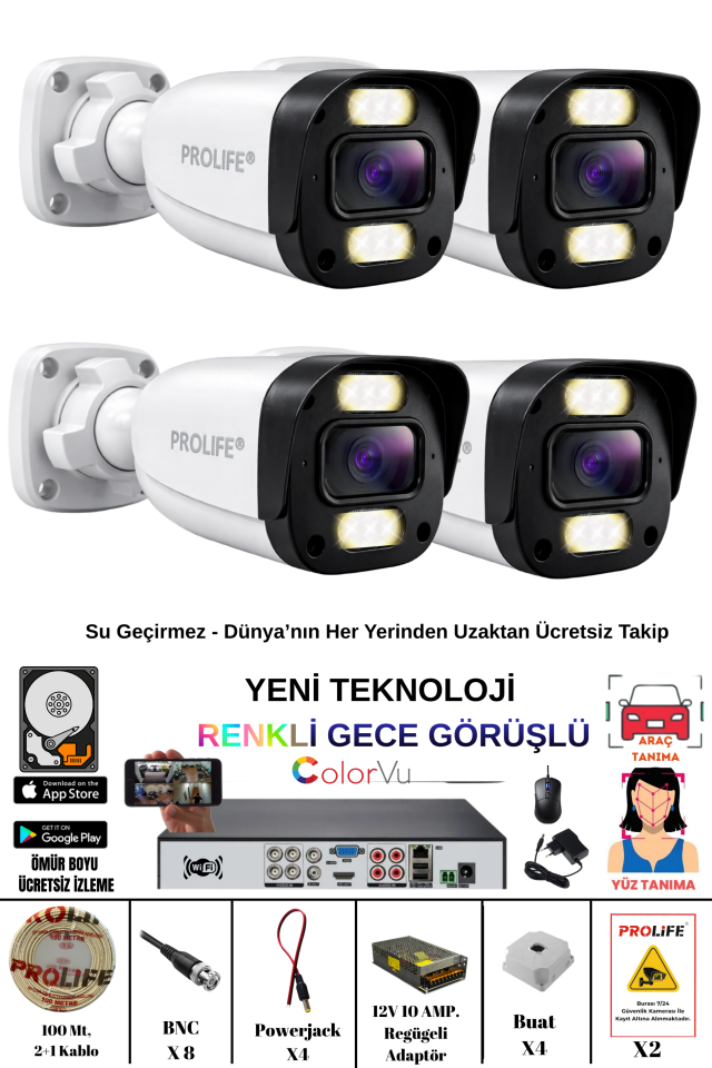 4 Kameralı 5 MP Gece Renkli Yapay Zeka Yüz ve Araç Algılamalı Olay Anı Bildirimli Kuruluma Hazır Kamera Seti