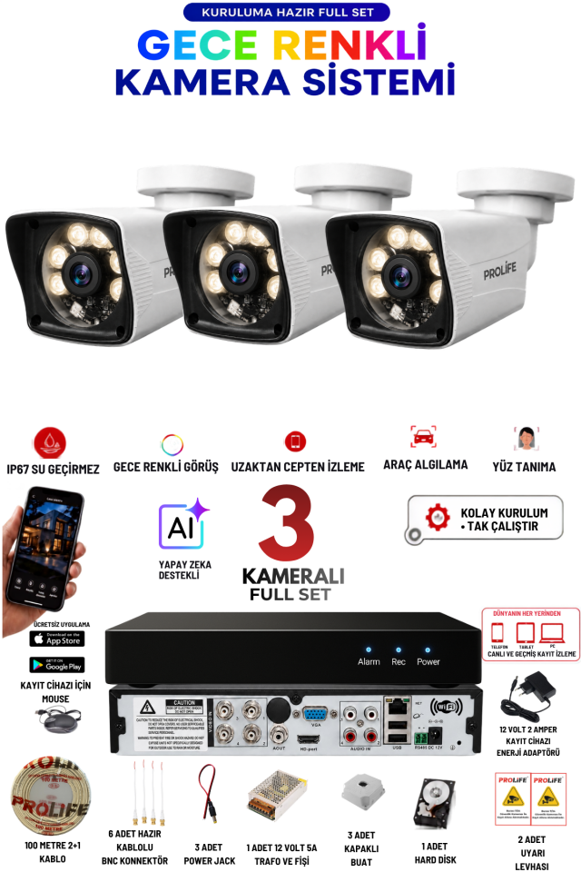 3 Kameralı 5 MP Full HD Gece Renkli Yüz ve Araç Algılamalı Kuruluma Hazır Full Güvenlik Kamerası Seti