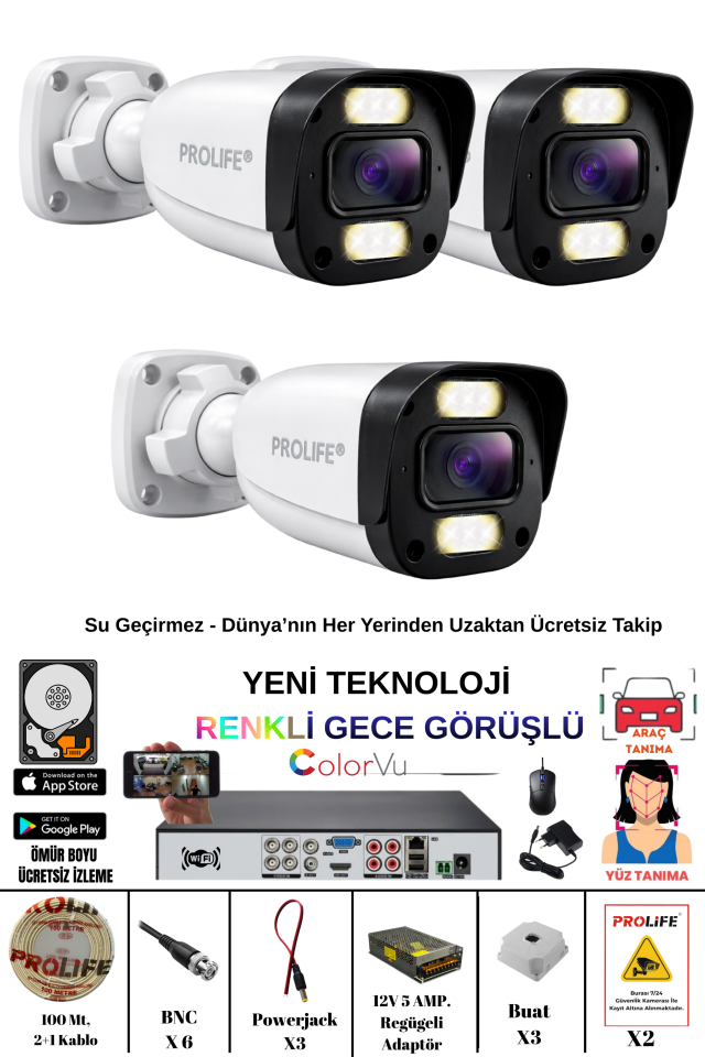 3 Kameralı 5 MP Gece Renkli Yapay Zeka Yüz ve Araç Algılamalı Olay Anı Bildirimli Kuruluma Hazır Kamera Seti