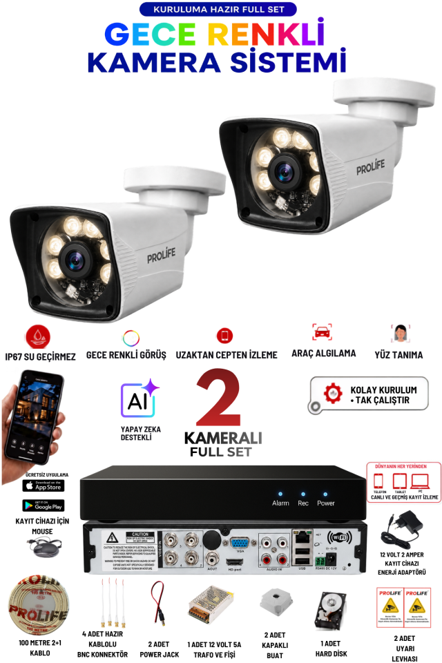 2 Kameralı 5 MP Full HD Gece Renkli Yüz ve Araç Algılamalı Kuruluma Hazır Full Güvenlik Kamerası Seti