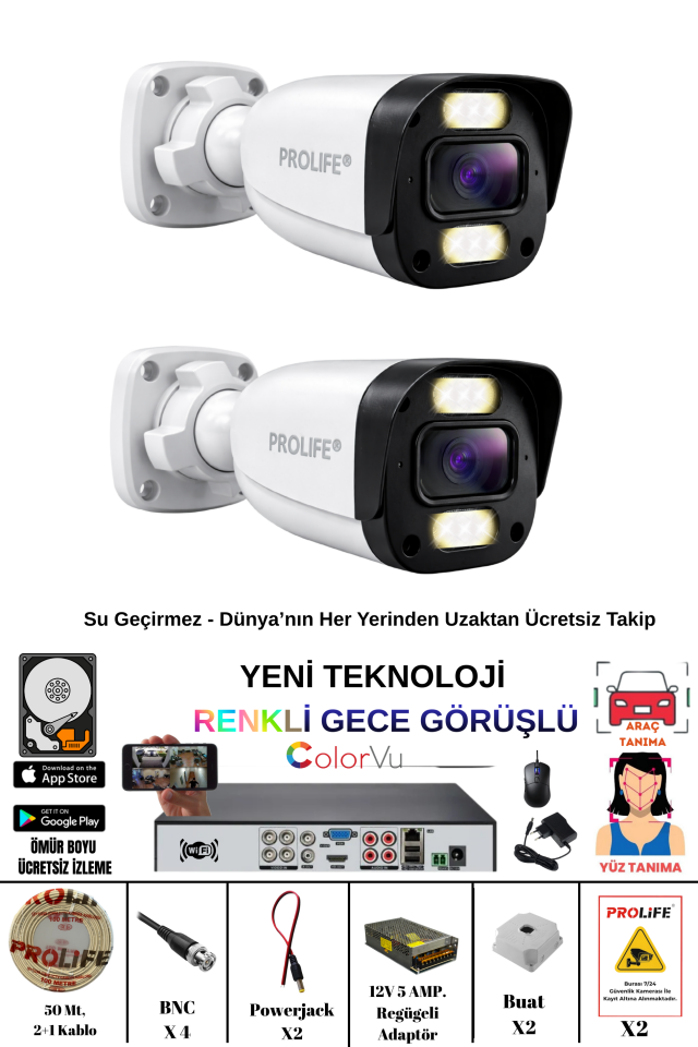 2 Kameralı 5 MP Gece Renkli Yapay Zeka Yüz ve Araç Algılamalı Olay Anı Bildirimli Kuruluma Hazır Kamera Seti