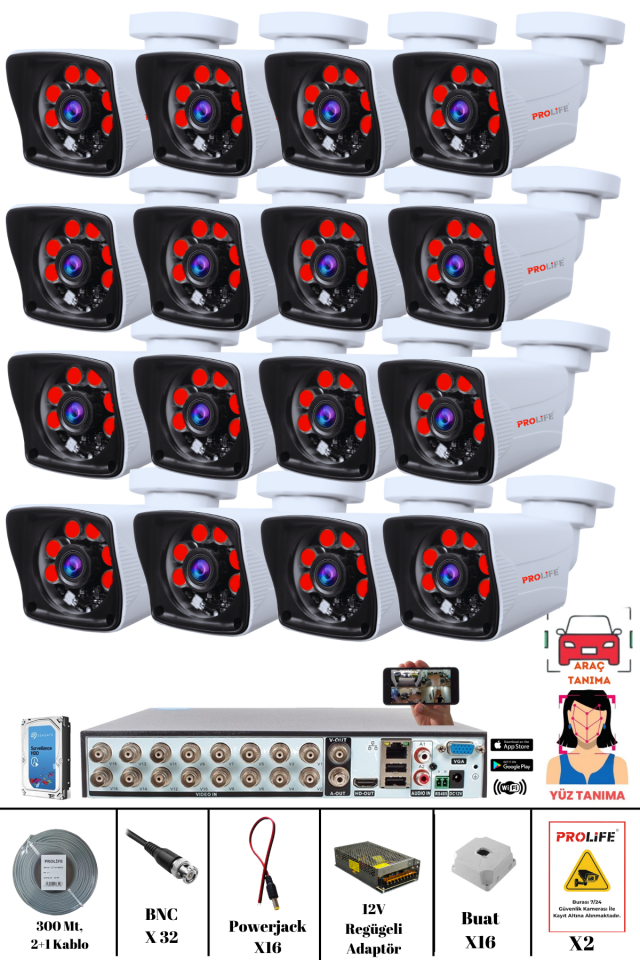 16 Kameralı 5 MP Gece Görüşlü Yapay Zeka Yüz Tanıma ve Araç Algılamalı Olay Anı Bildirimli Güvenlik Kamerası Seti