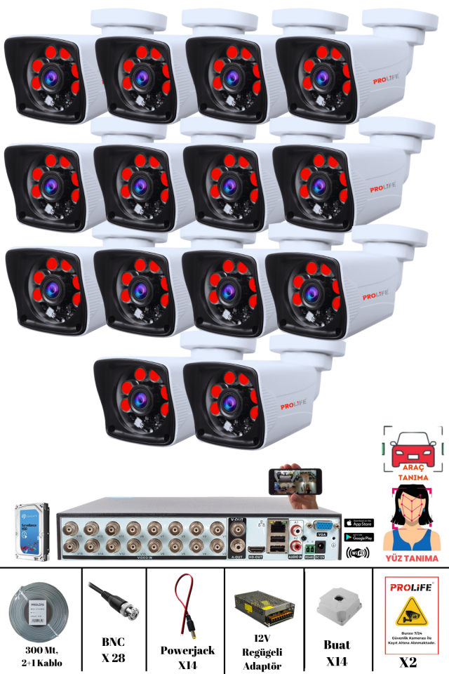 14 Kameralı 5 MP Gece Görüşlü Yapay Zeka Yüz Tanıma ve Araç Algılamalı Olay Anı Bildirimli Güvenlik Kamerası Seti