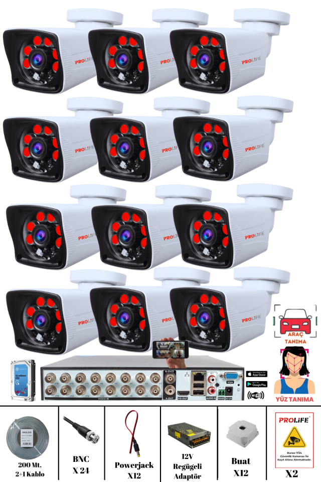 12 Kameralı 5 MP Gece Görüşlü Yapay Zeka Yüz Tanıma ve Araç Algılamalı Olay Anı Bildirimli Güvenlik Kamerası Seti