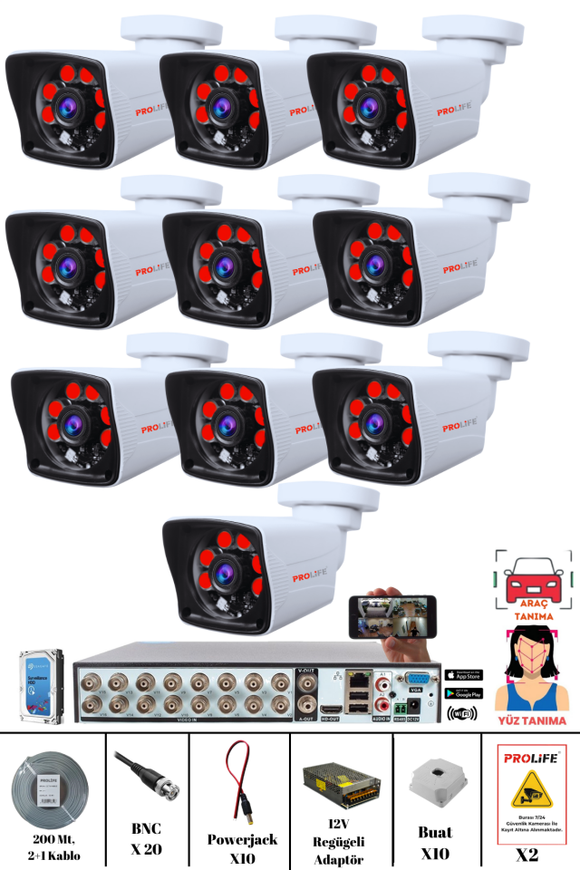10 Kameralı 5 MP Gece Görüşlü Yapay Zeka Yüz Tanıma ve Araç Algılamalı Olay Anı Bildirimli Güvenlik Kamerası Seti