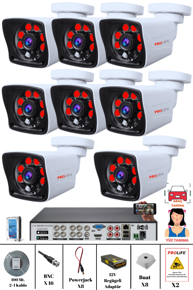8 Kameralı 5 MP Gece Görüşlü Yapay Zeka Yüz Tanıma ve Araç Algılamalı Olay Anı Bildirimli Güvenlik Kamerası Seti