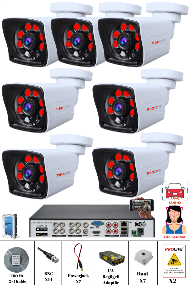 7 Kameralı 5 MP Gece Görüşlü Yapay Zeka Yüz Tanıma ve Araç Algılamalı Olay Anı Bildirimli Güvenlik Kamerası Seti