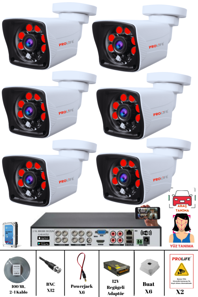 6 Kameralı 5 MP Gece Görüşlü Yapay Zeka Yüz Tanıma ve Araç Algılamalı Olay Anı Bildirimli Güvenlik Kamerası Seti