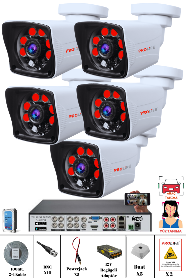 5 Kameralı 5 MP Gece Görüşlü Yapay Zeka Yüz Tanıma ve Araç Algılamalı Olay Anı Bildirimli Güvenlik Kamerası Seti