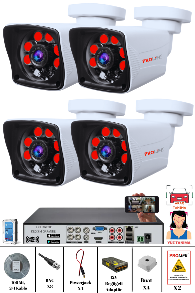 4 Kameralı 5 MP Gece Görüşlü Yapay Zeka Yüz Tanıma ve Araç Algılamalı Olay Anı Bildirimli Güvenlik Kamerası Seti