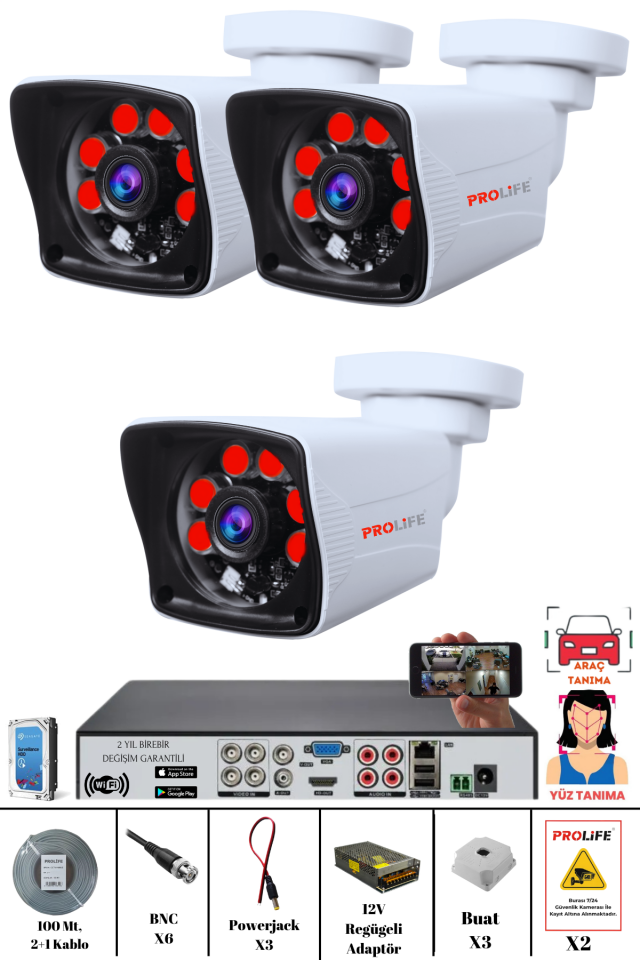 3 Kameralı 5 MP Gece Görüşlü Yapay Zeka Yüz Tanıma ve Araç Algılamalı Olay Anı Bildirimli Güvenlik Kamerası Seti