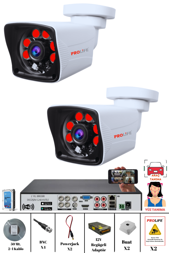 2 Kameralı 5 MP Gece Görüşlü Yapay Zeka Yüz Tanıma ve Araç Algılamalı Olay Anı Bildirimli Güvenlik Kamerası Seti