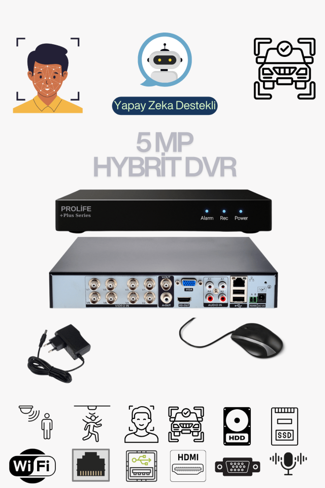 8 Kanal 5 MP Yeni Nesil Yüz ve Araç Algılamalı Hybrit  Kayıt Cihazı Wİ-Fİ Destekli