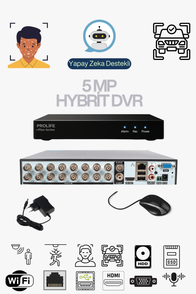 16 Kanal 5 MP Yeni Nesil Yüz ve Araç Algılamalı Hybrit  Kayıt Cihazı Wİ-Fİ Destekli