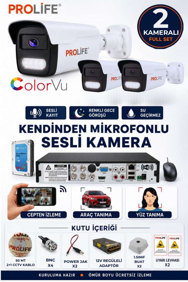 2 Li Sesli Güvenlik Kamerası 5 Mp Gece Renkli Yüz Ve Araç Tanımalı Full Hd Kamera Sistemi