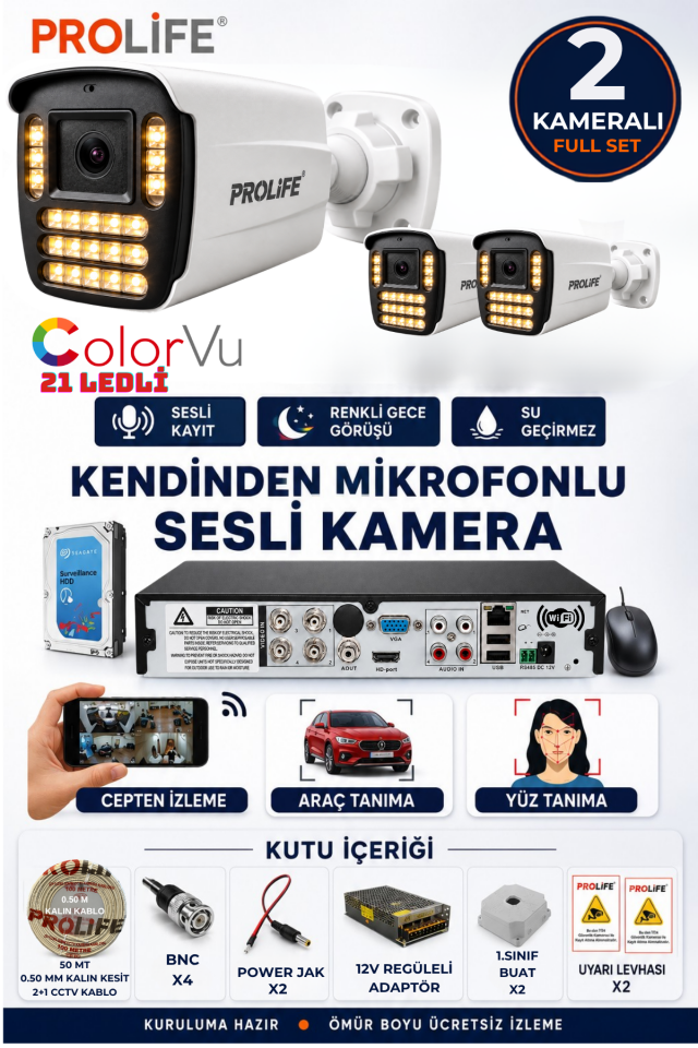 2 Li Sesli Güvenlik Kamerası 5 Mp Gece Renkli Yüz Ve Araç Tanımalı Full Hd Kamera Sistemi