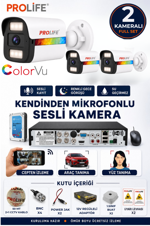 2 Li Sesli Güvenlik Kamerası 5 Mp Gece Renkli Yüz Ve Araç Tanımalı Full Hd Kamera Sistemi