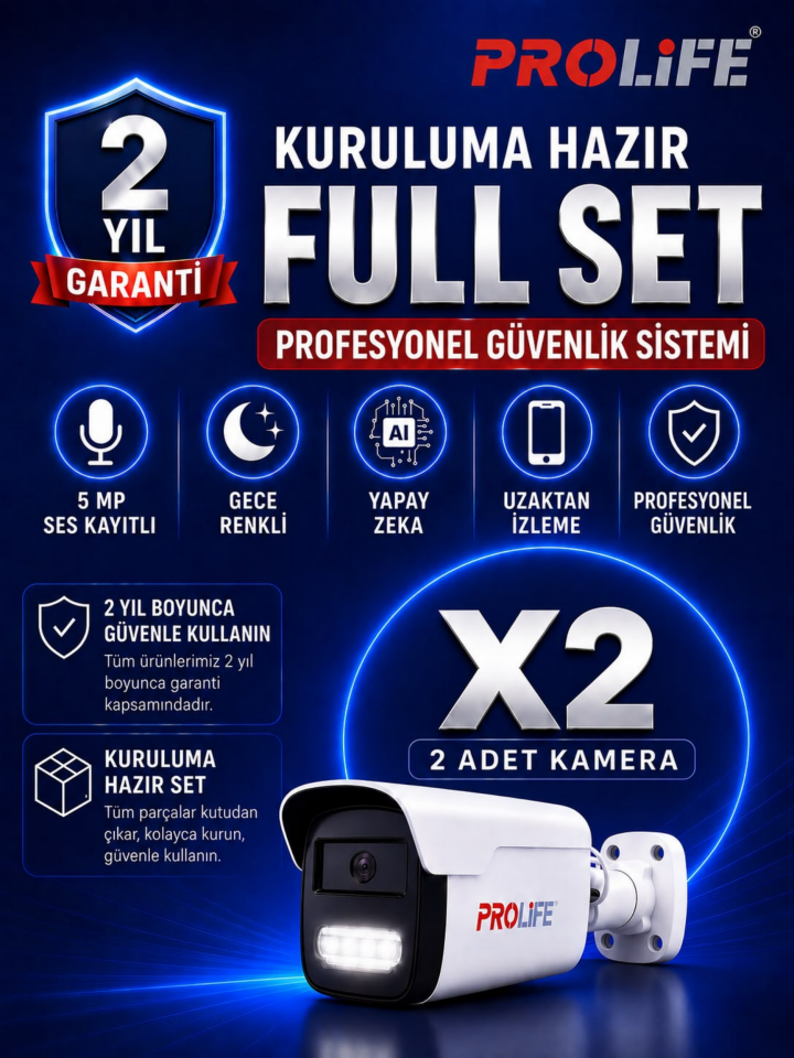 2 Li Sesli Güvenlik Kamerası 5 Mp Gece Renkli Yüz Ve Araç Tanımalı Full Hd Kamera Sistemi