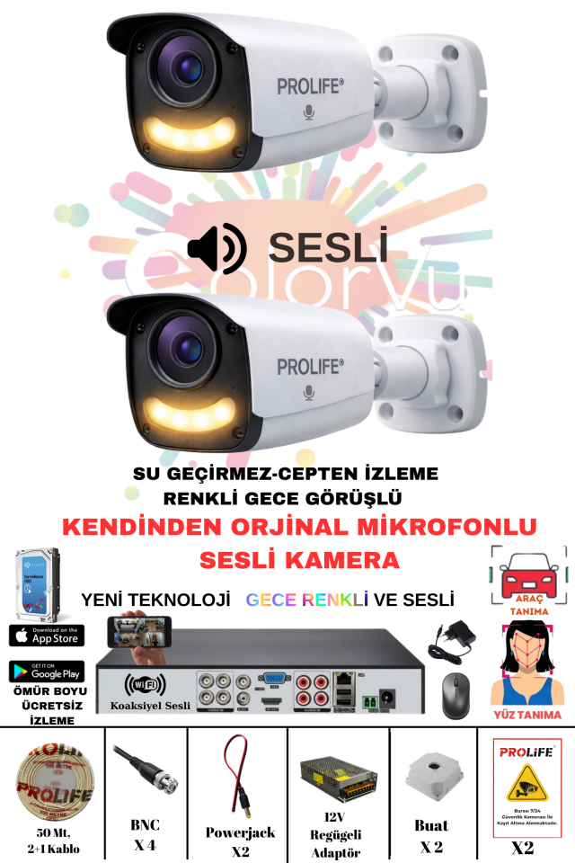2 Li Sesli Güvenlik Kamerası 5 Mp Gece Renkli Yüz Ve Araç Tanımalı Full Hd Kamera Sistemi