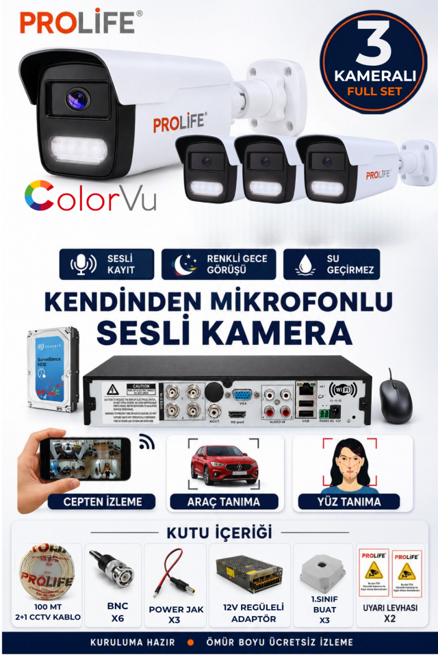 3 Lü Sesli Güvenlik Kamerası 5 Mp Gece Renkli Yüz Ve Araç Tanımalı Full Hd Kamera Sistemi