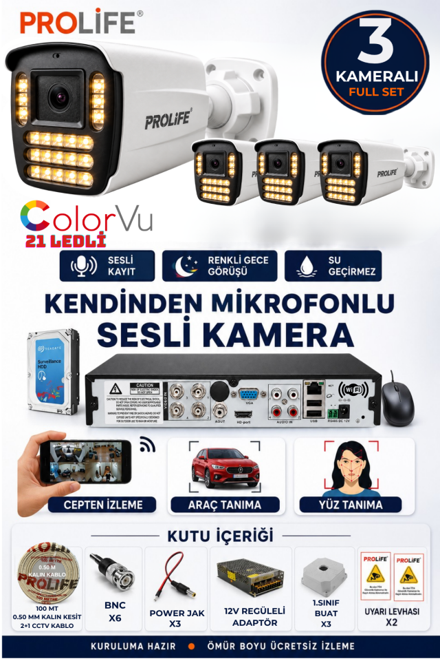 3 Lü Sesli Güvenlik Kamerası 5 Mp Gece Renkli Yüz Ve Araç Tanımalı Full Hd Kamera Sistemi