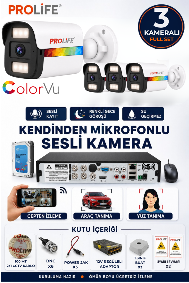 3 Lü Sesli Güvenlik Kamerası 5 Mp Gece Renkli Yüz Ve Araç Tanımalı Full Hd Kamera Sistemi