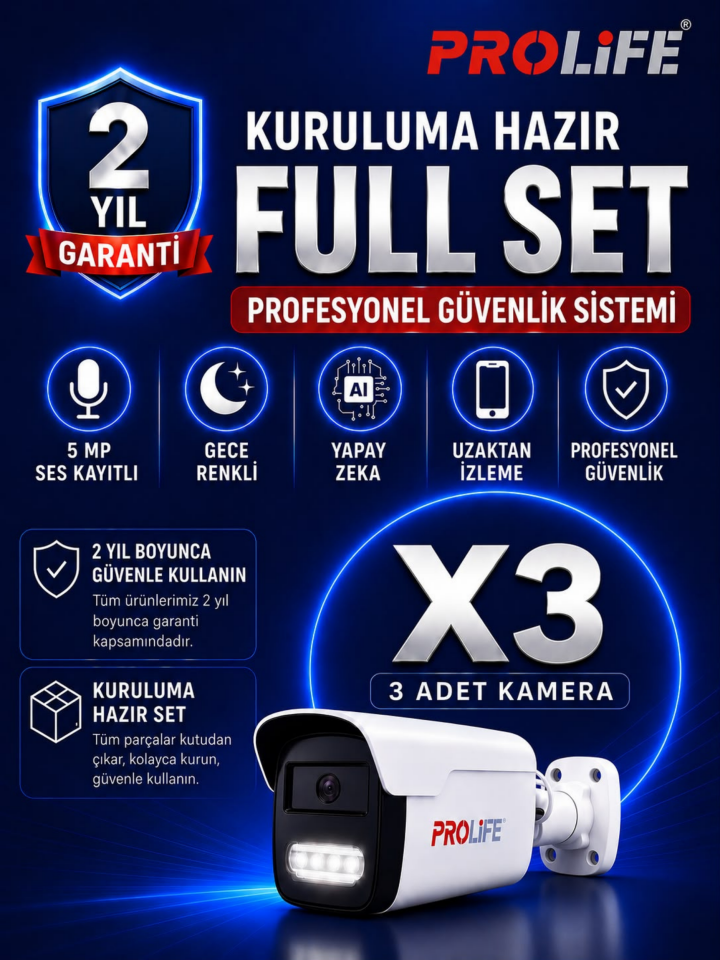 3 Lü Sesli Güvenlik Kamerası 5 Mp Gece Renkli Yüz Ve Araç Tanımalı Full Hd Kamera Sistemi