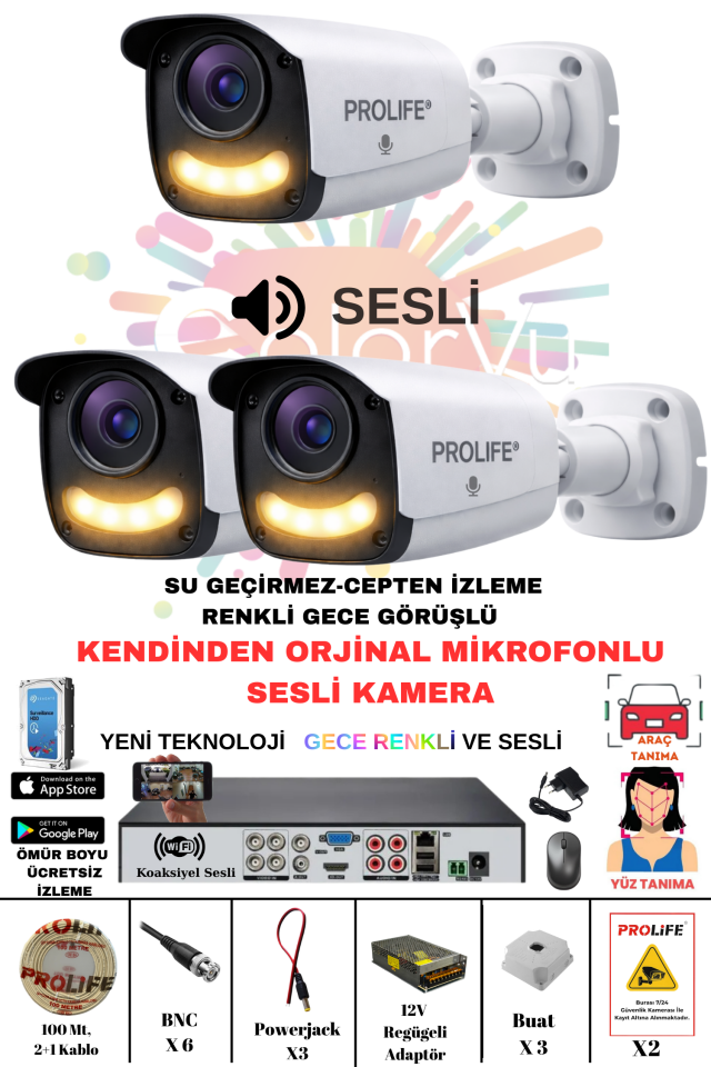 3 Lü Sesli Güvenlik Kamerası 5 Mp Gece Renkli Yüz Ve Araç Tanımalı Full Hd Kamera Sistemi