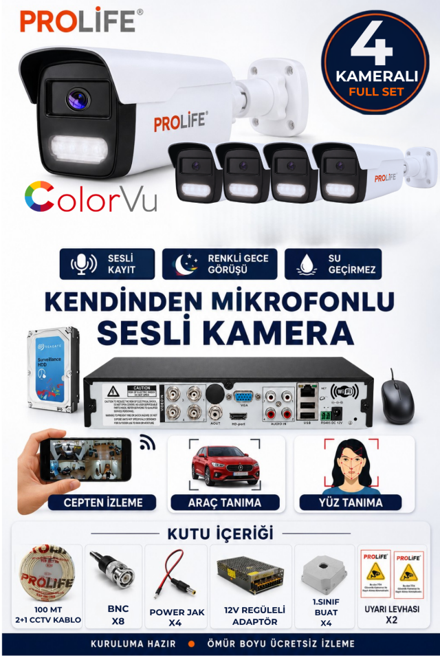4 Lü Sesli Güvenlik Kamerası 5 Mp Gece Renkli Yüz Ve Araç Tanımalı Full Hd Kamera Sistemi