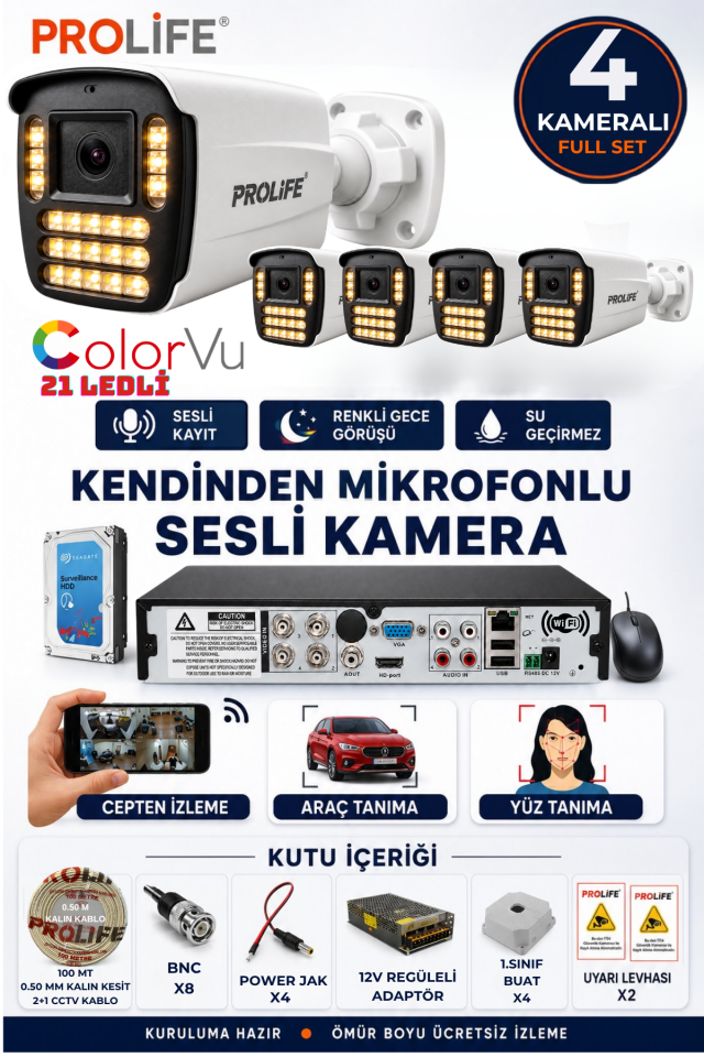 4 Lü Sesli Güvenlik Kamerası 5 Mp Gece Renkli Yüz Ve Araç Tanımalı Full Hd Kamera Sistemi