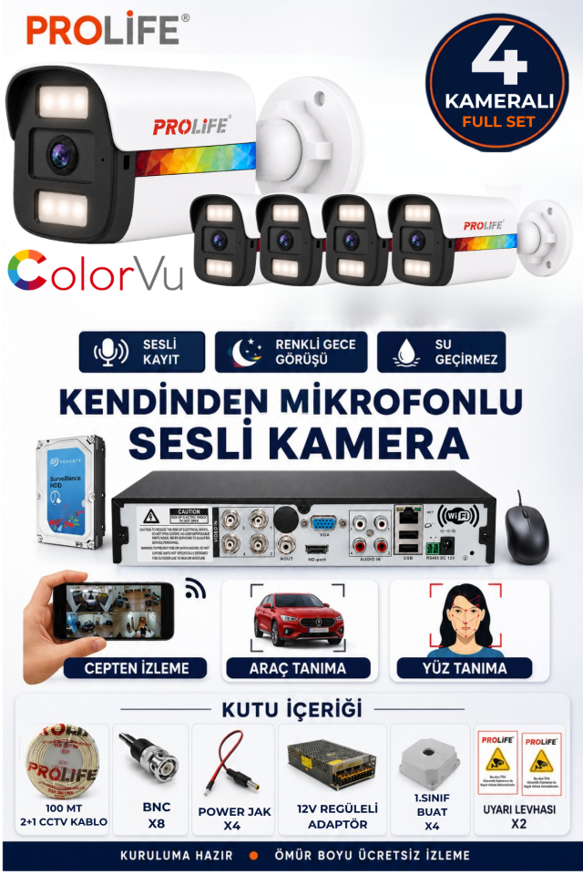 4 Lü Sesli Güvenlik Kamerası 5 Mp Gece Renkli Yüz Ve Araç Tanımalı Full Hd Kamera Sistemi