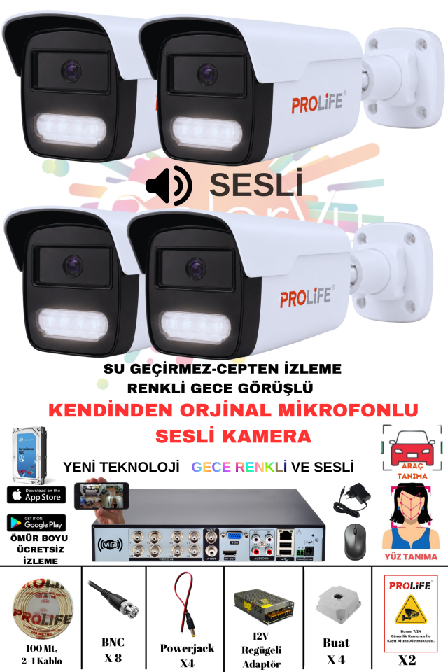 4 Lü Sesli Güvenlik Kamerası 5 Mp Gece Renkli Yüz Ve Araç Tanımalı Full Hd Kamera Sistemi