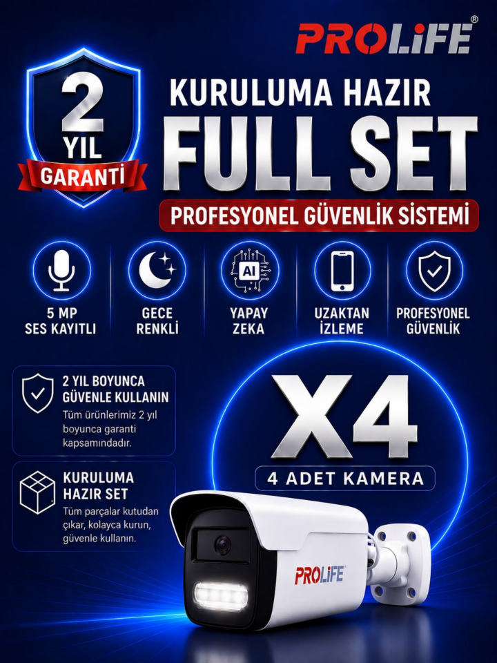 4 Lü Sesli Güvenlik Kamerası 5 Mp Gece Renkli Yüz Ve Araç Tanımalı Full Hd Kamera Sistemi